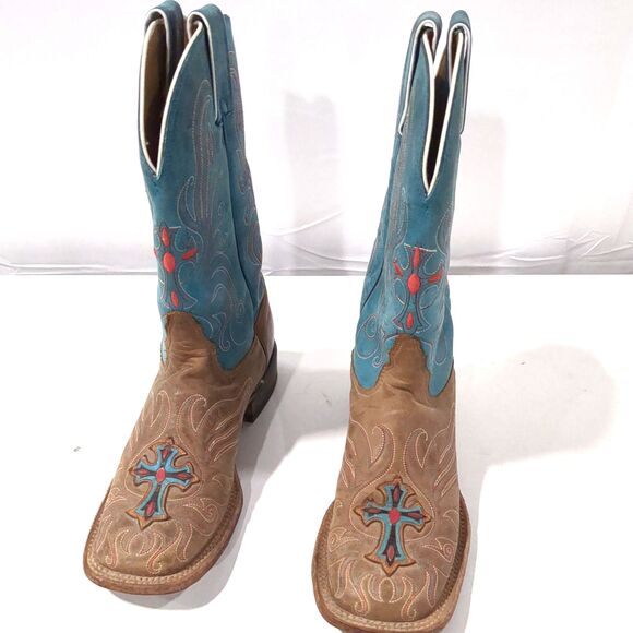 Tony Lama Vintage Tan/Teal Cowboy Boots with Cross - Size 7.5 - Picture 2 of 6
